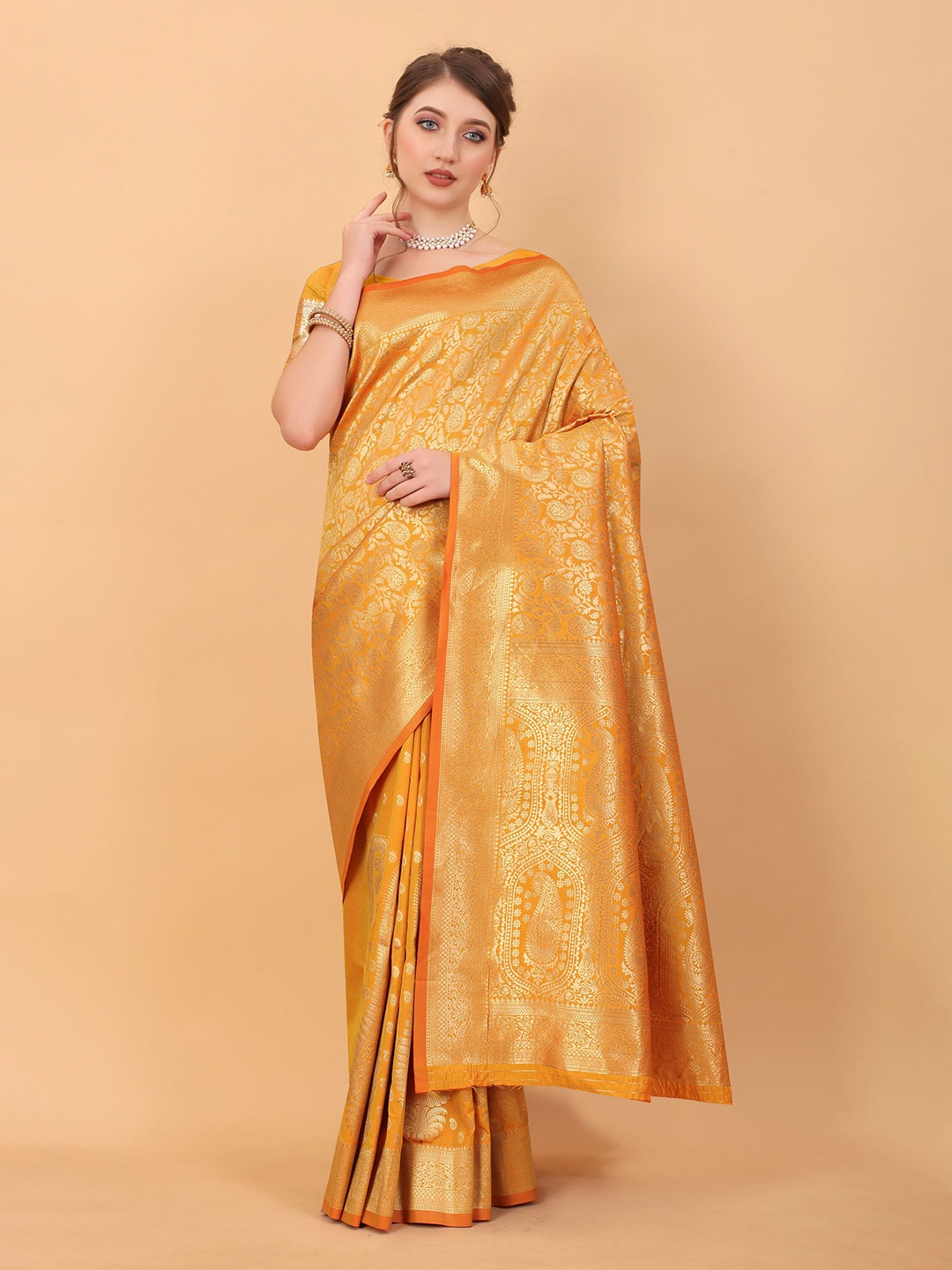 

V3 FASHION STUDIO Ethnic Motifs Woven Design Zari Banarasi Saree, Orange