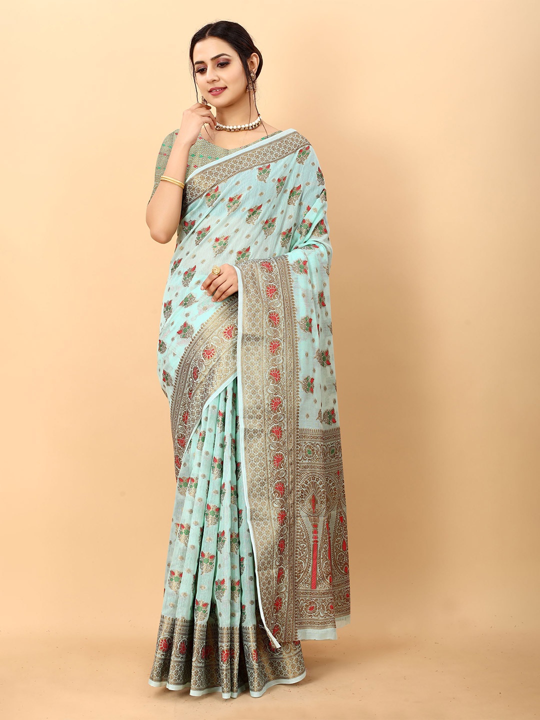 

V3 FASHION STUDIO Floral Woven Design Zari Banarasi Saree, Blue