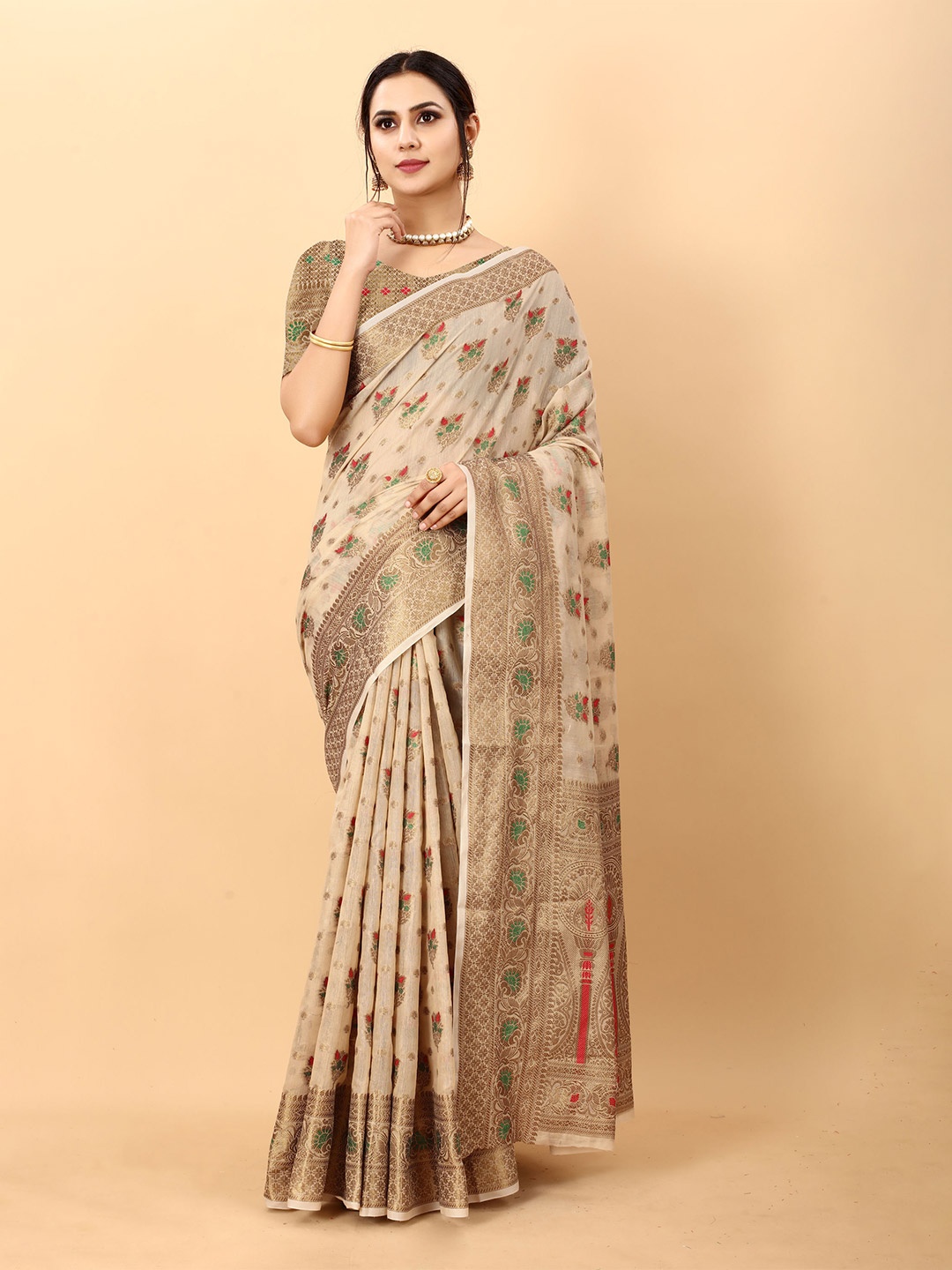 

V3 FASHION STUDIO Floral Woven Design Zari Banarasi Saree, Brown