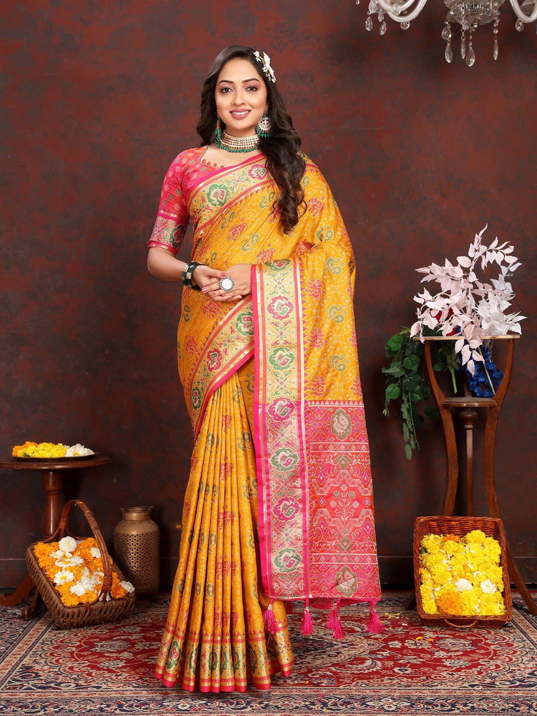 

V3 FASHION STUDIO Ethnic Motifs Woven Design Zari Patola Saree, Orange