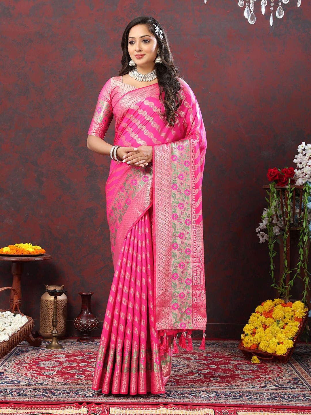 

V3 FASHION STUDIO Ethnic Motifs Woven Design Zari Banarasi Saree, Pink