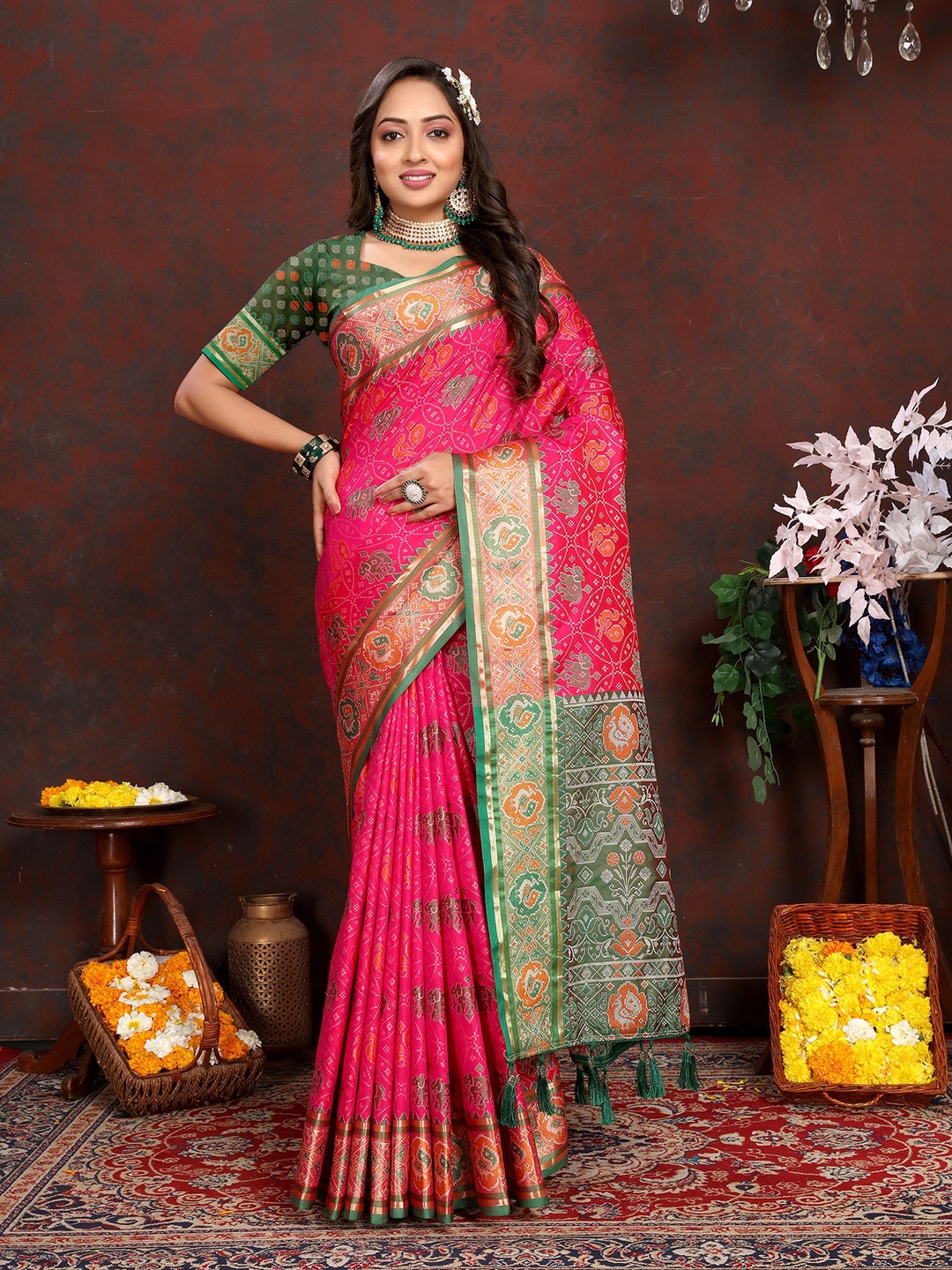 

V3 FASHION STUDIO Ethnic Motifs Woven Design Zari Patola Saree, Pink
