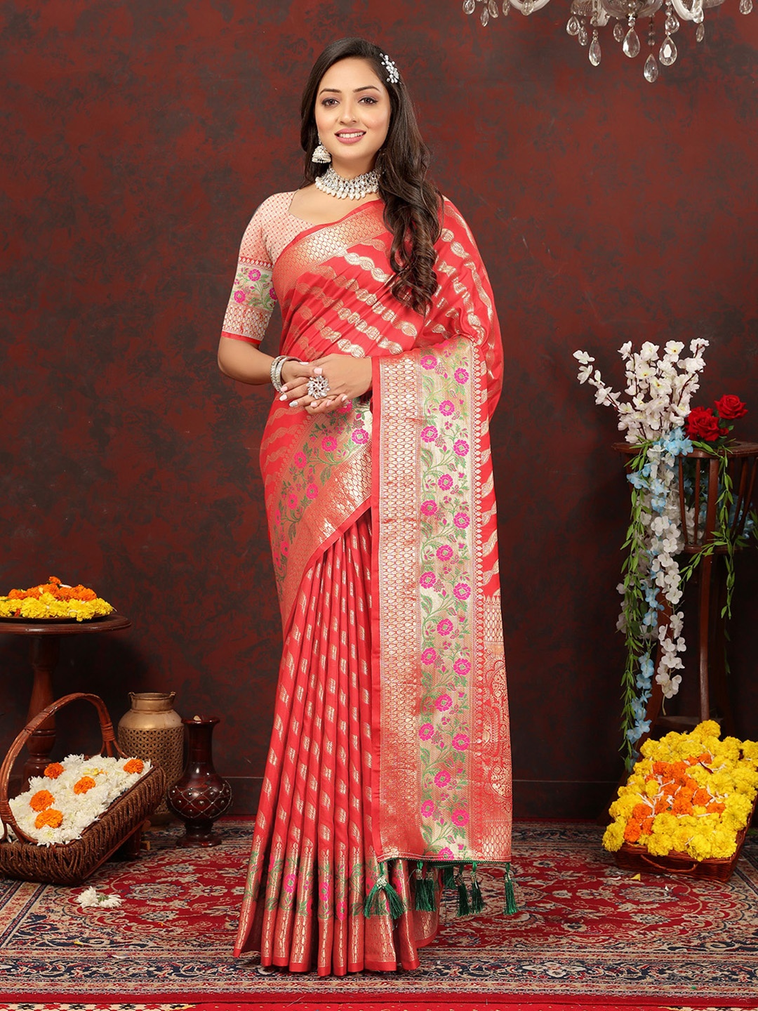 

V3 FASHION STUDIO Ethnic Motifs Woven Design Zari Banarasi Saree, Red