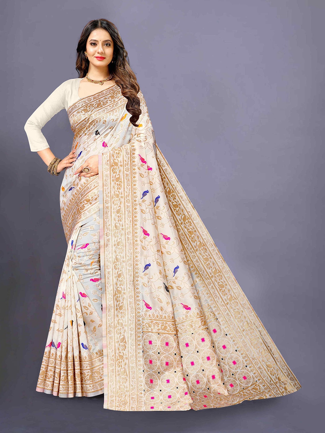 

V3 FASHION STUDIO Floral Woven Design Zari Banarasi Saree, Beige