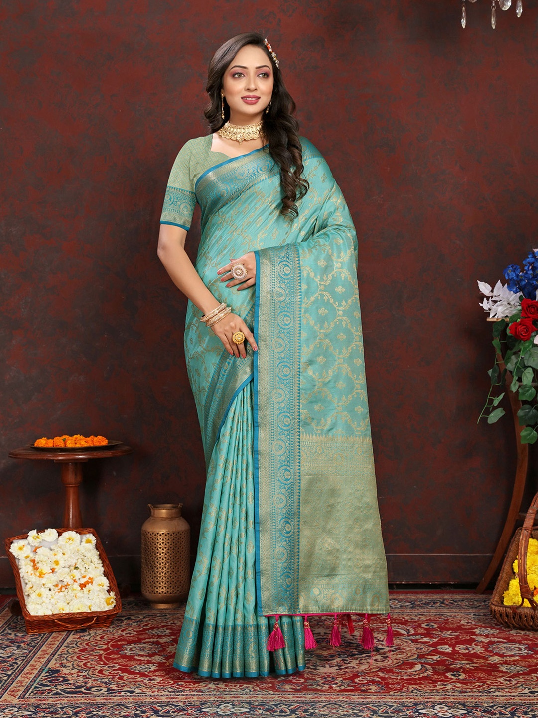 

V3 FASHION STUDIO Woven Design Zari Silk Banarasi Saree, Blue