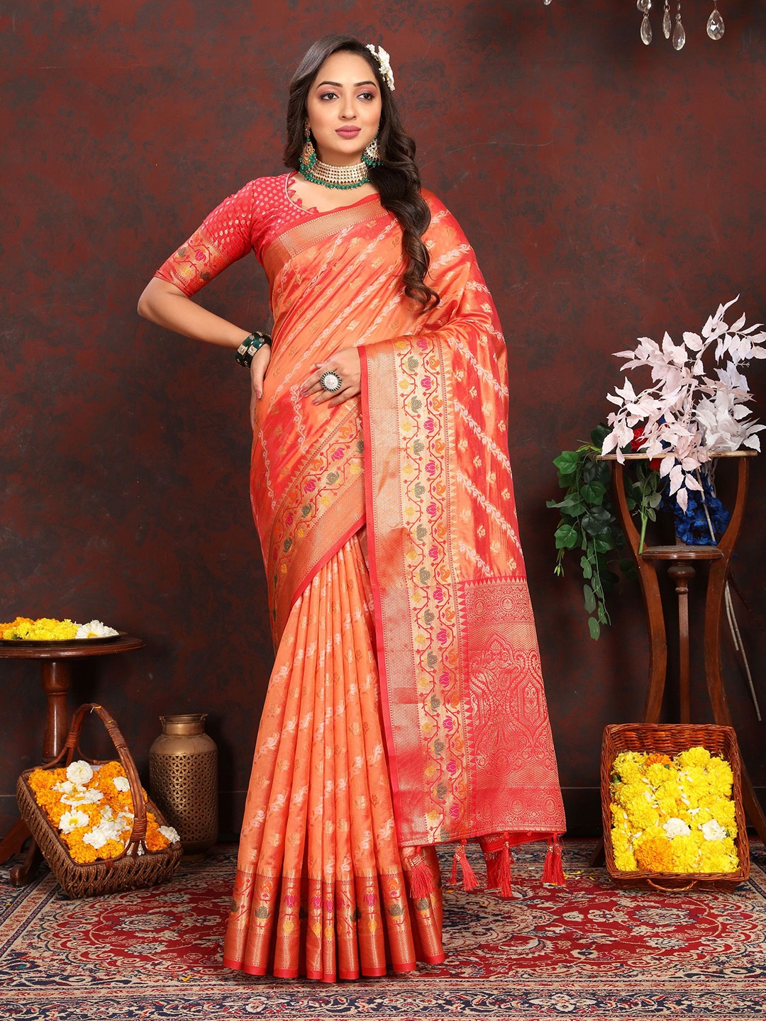 

V3 FASHION STUDIO Woven Design Zari Silk Banarasi Saree, Orange