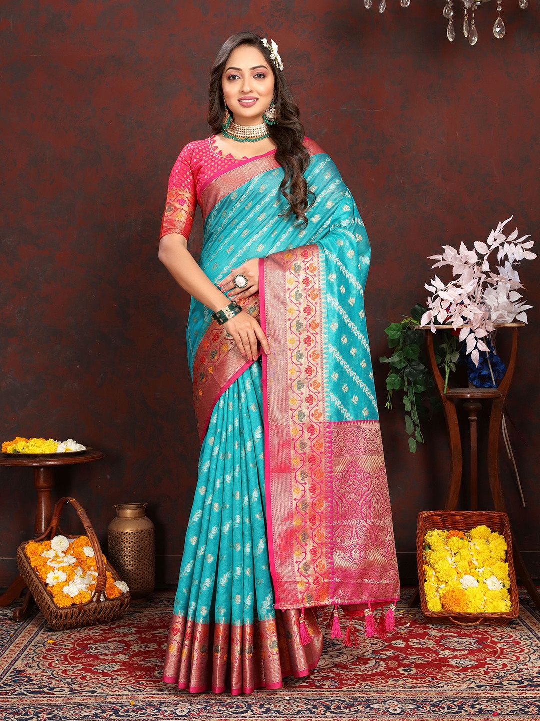 

V3 FASHION STUDIO Woven Design Zari Silk Banarasi Saree, Blue