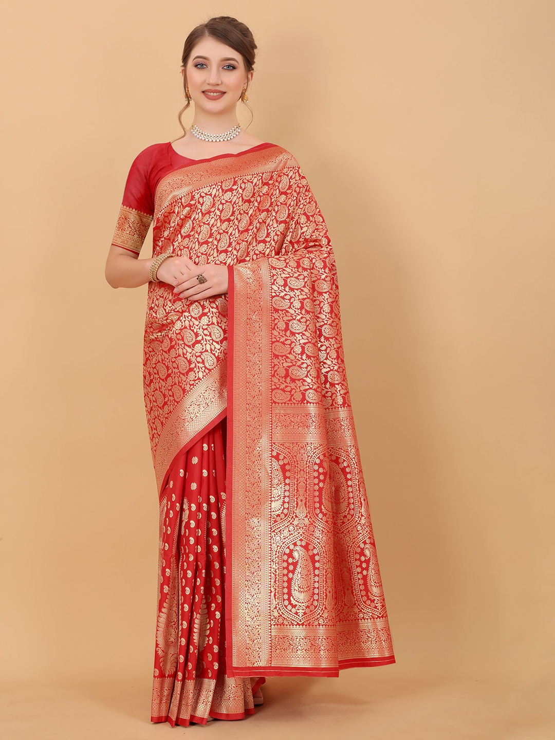 

V3 FASHION STUDIO Woven Design Zari Silk Banarasi Saree, Red