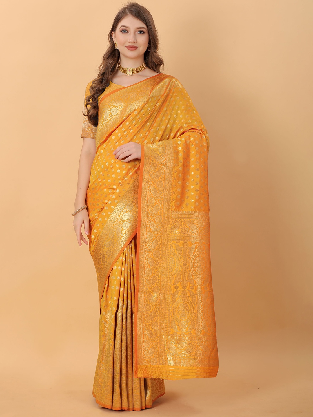 

V3 FASHION STUDIO Woven Design Zari Silk Banarasi Saree, Orange