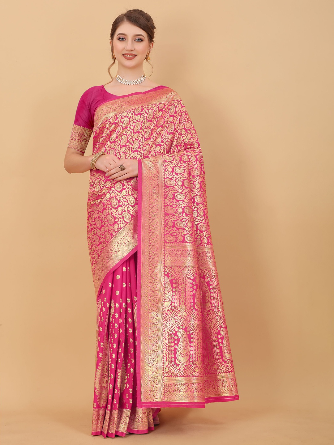 

V3 FASHION STUDIO Woven Design Zari Silk Banarasi Saree, Pink