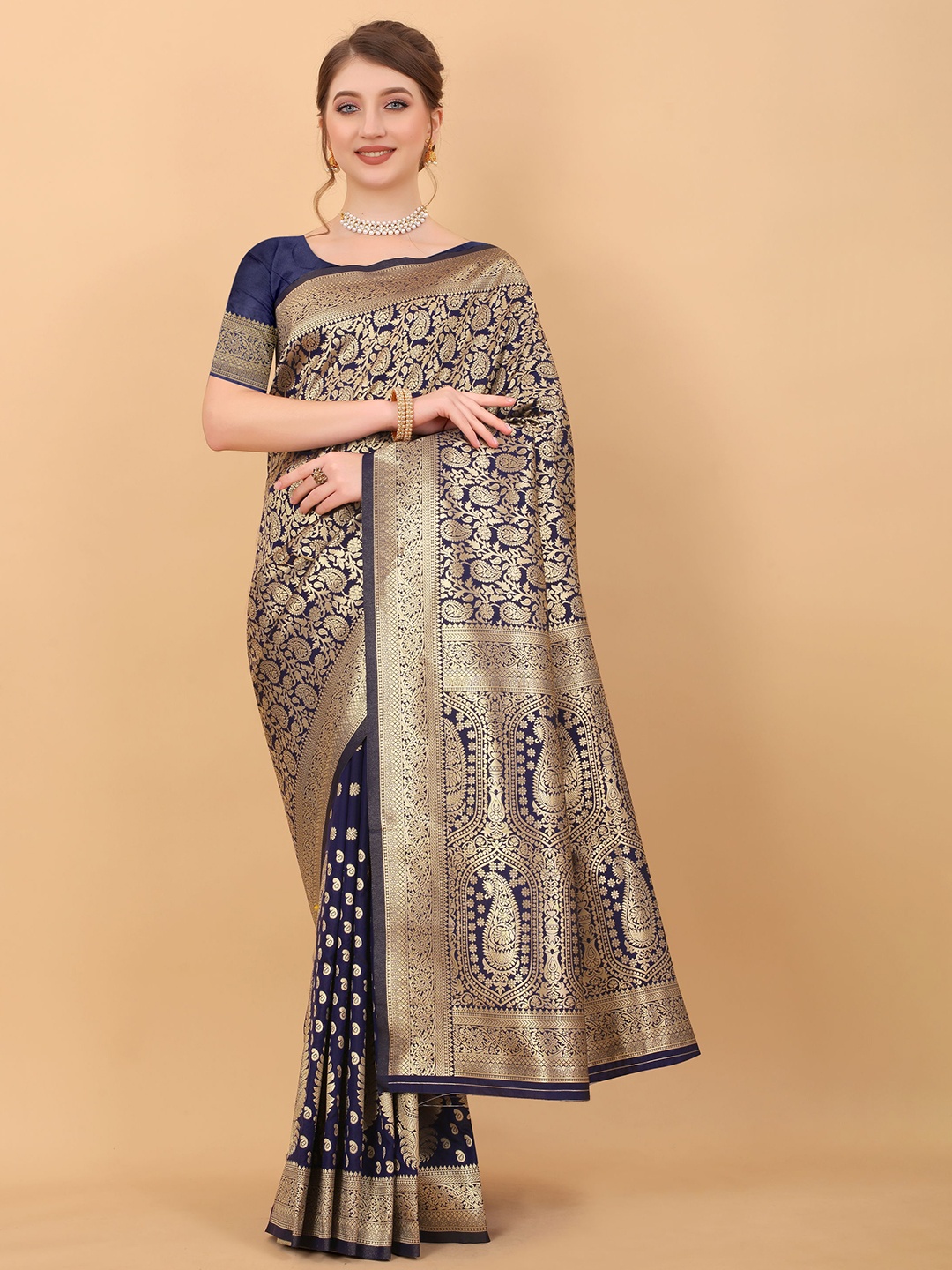 

V3 FASHION STUDIO Woven Design Zari Silk Banarasi Saree, Blue