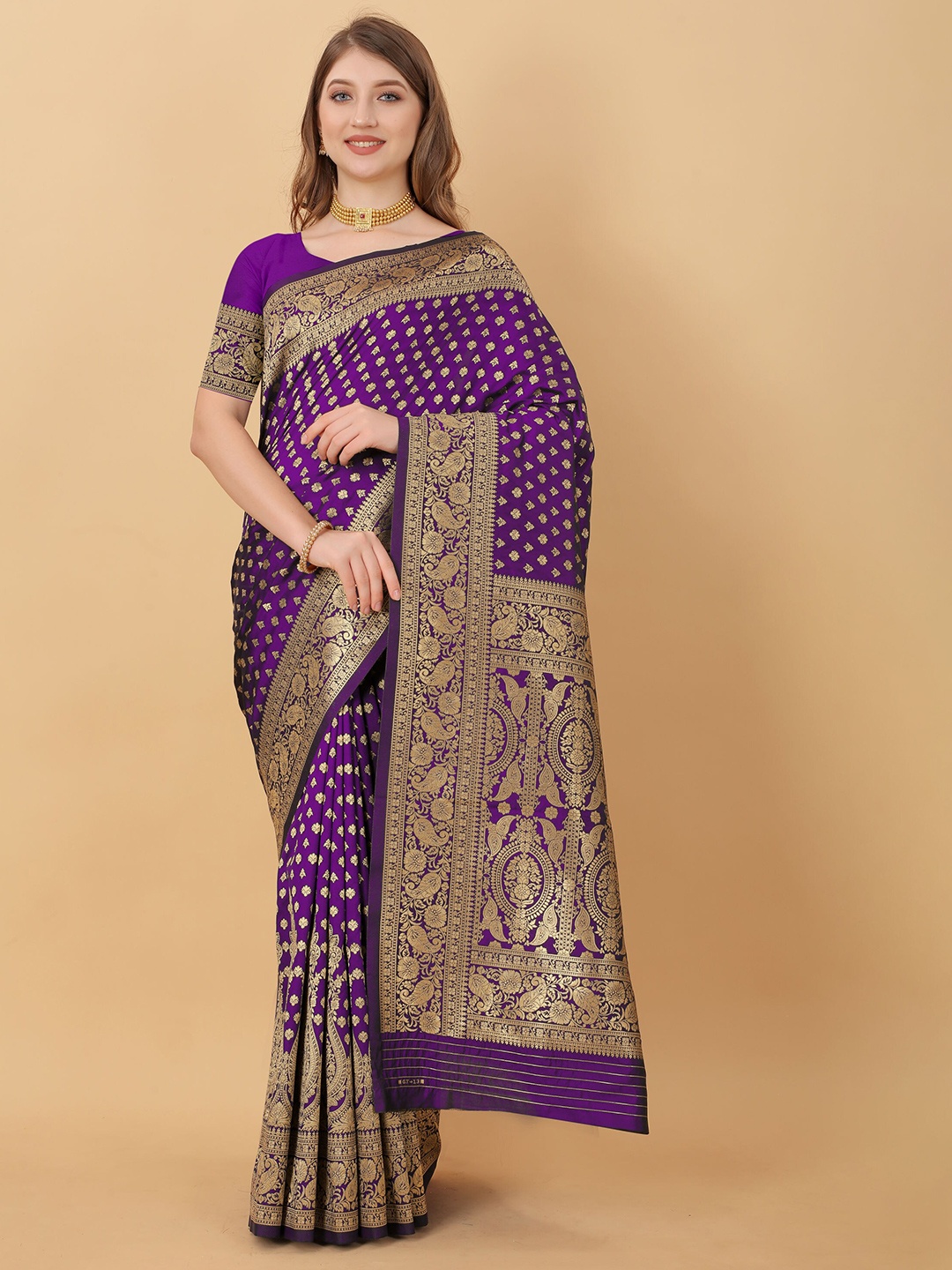 

V3 FASHION STUDIO Woven Design Zari Silk Banarasi Saree, Purple