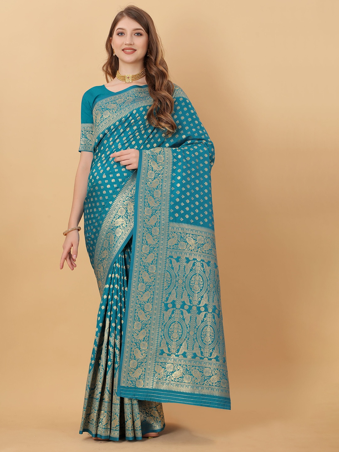 

V3 FASHION STUDIO Woven Design Zari Silk Banarasi Saree, Blue