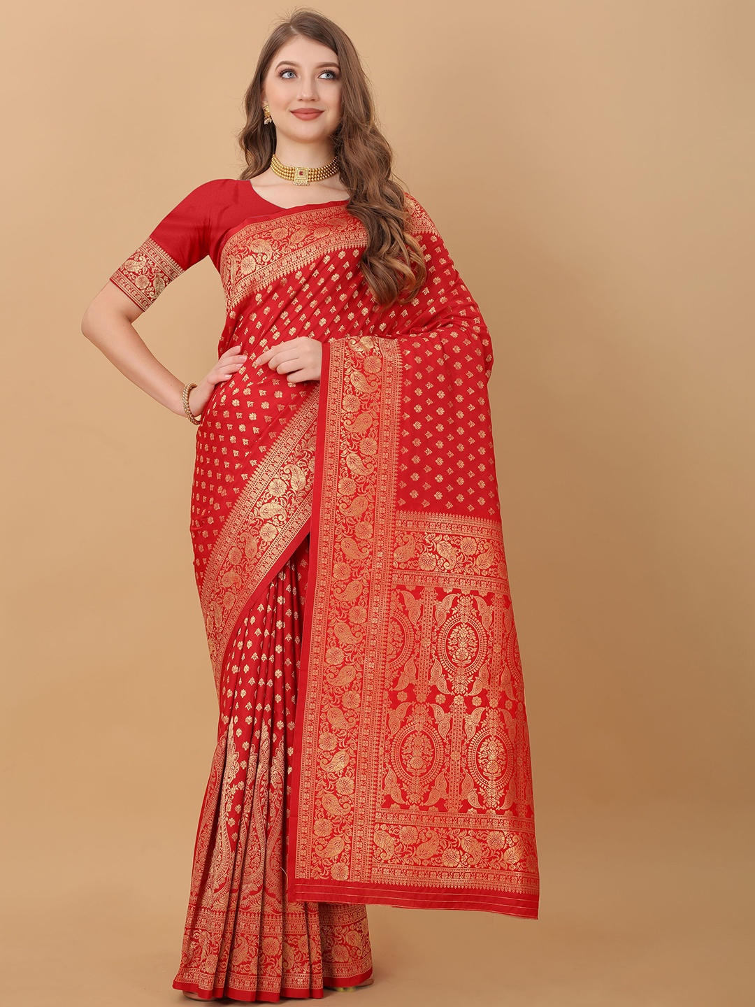 

V3 FASHION STUDIO Woven Design Zari Silk Banarasi Saree, Red