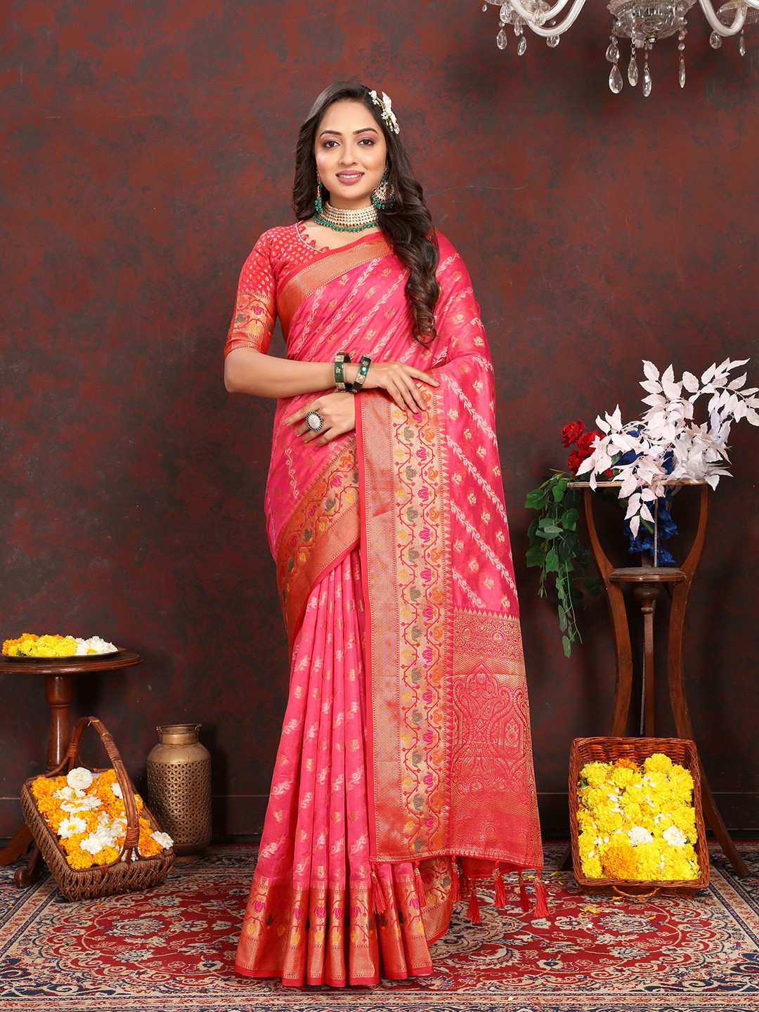 

V3 FASHION STUDIO Woven Design Zari Banarasi Saree, Pink