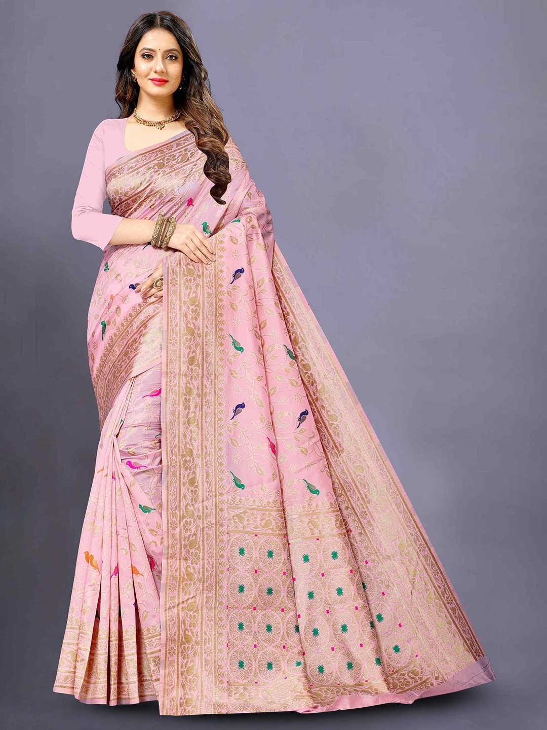 

V3 FASHION STUDIO Woven Design Zari Banarasi Saree, Pink