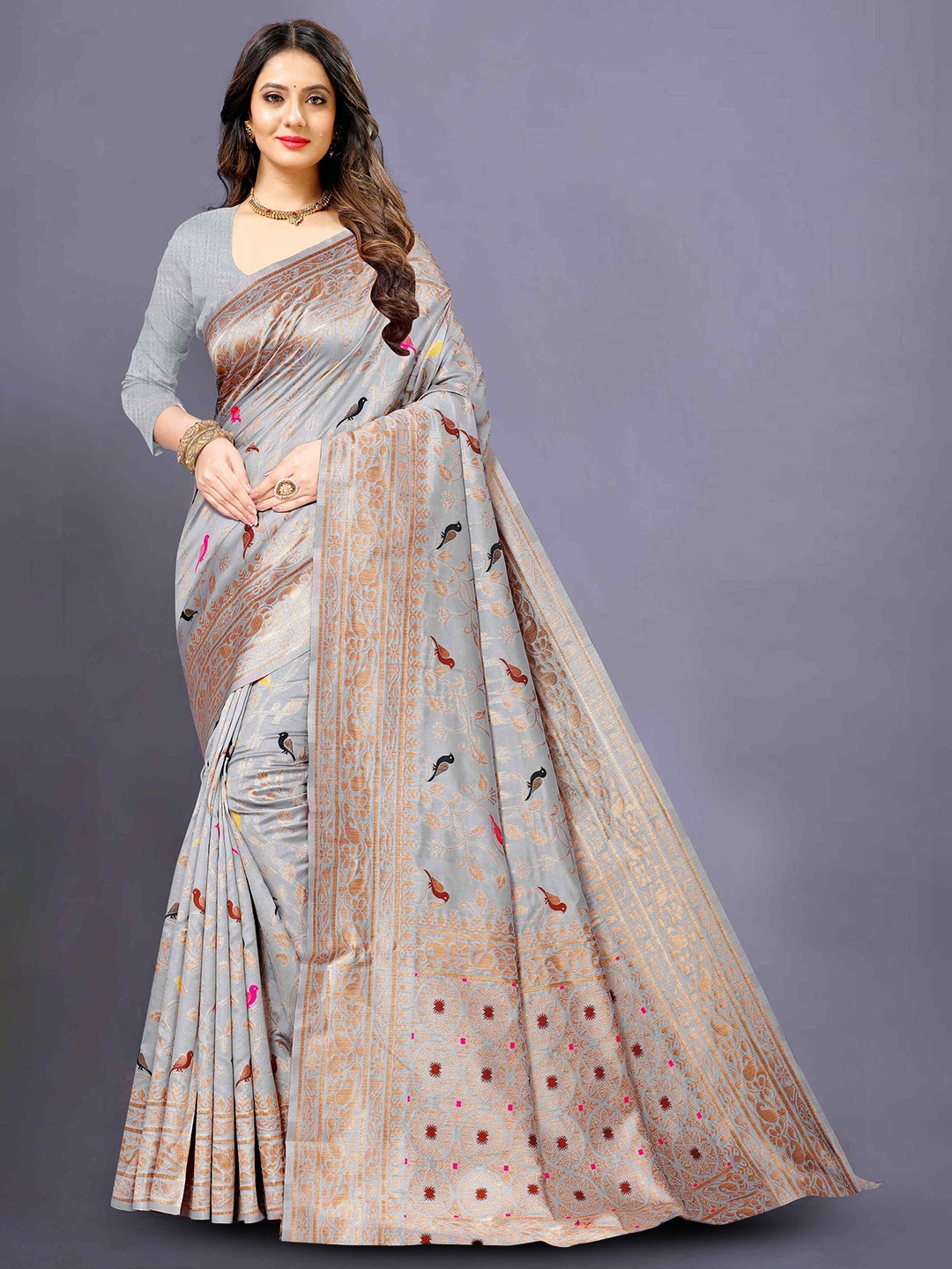 

V3 FASHION STUDIO Woven Design Zari Banarasi Saree, Grey
