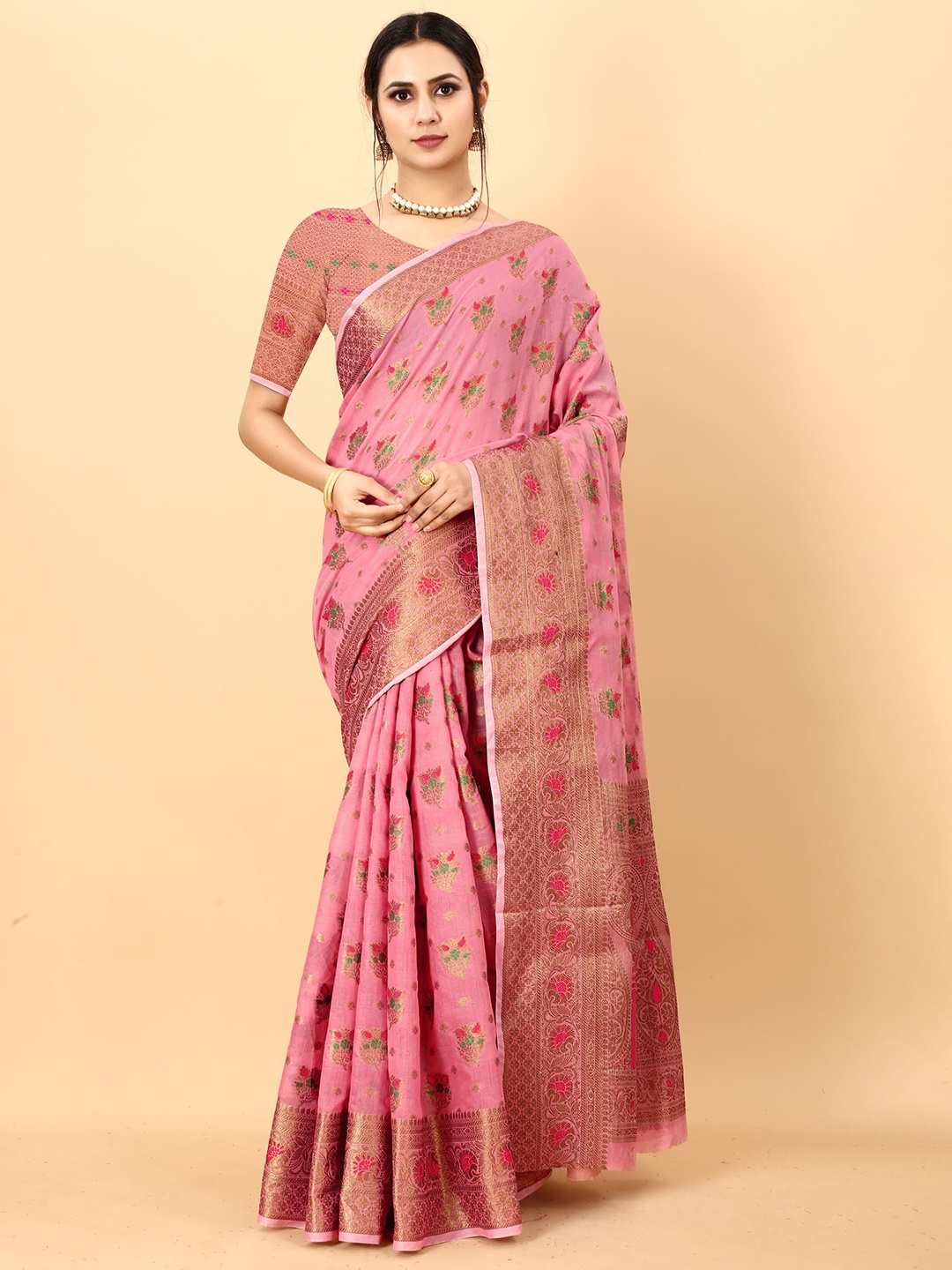 

V3 FASHION STUDIO Woven Design Zari Banarasi Saree, Pink