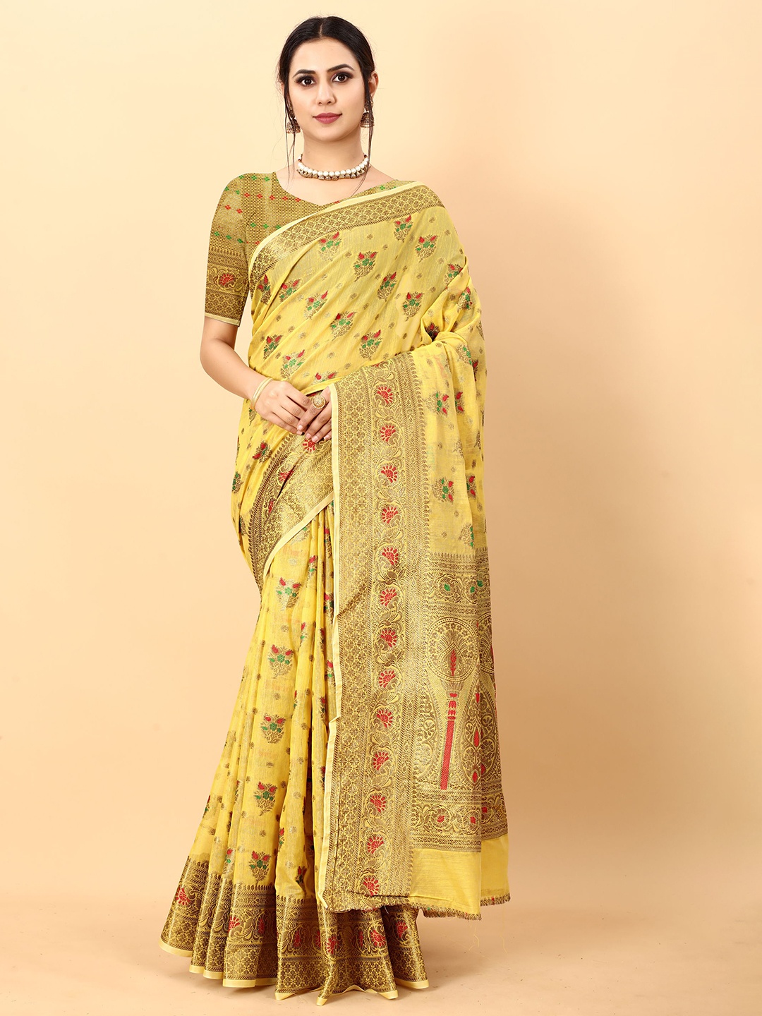 

V3 FASHION STUDIO Woven Design Zari Banarasi Saree, Yellow