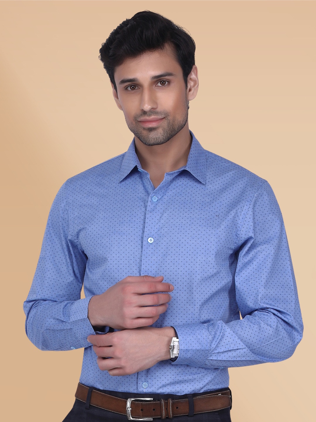 

Berkshire Smart Slim Fit Polka Dots Printed Spread Collar Cotton Formal Shirt, Navy blue
