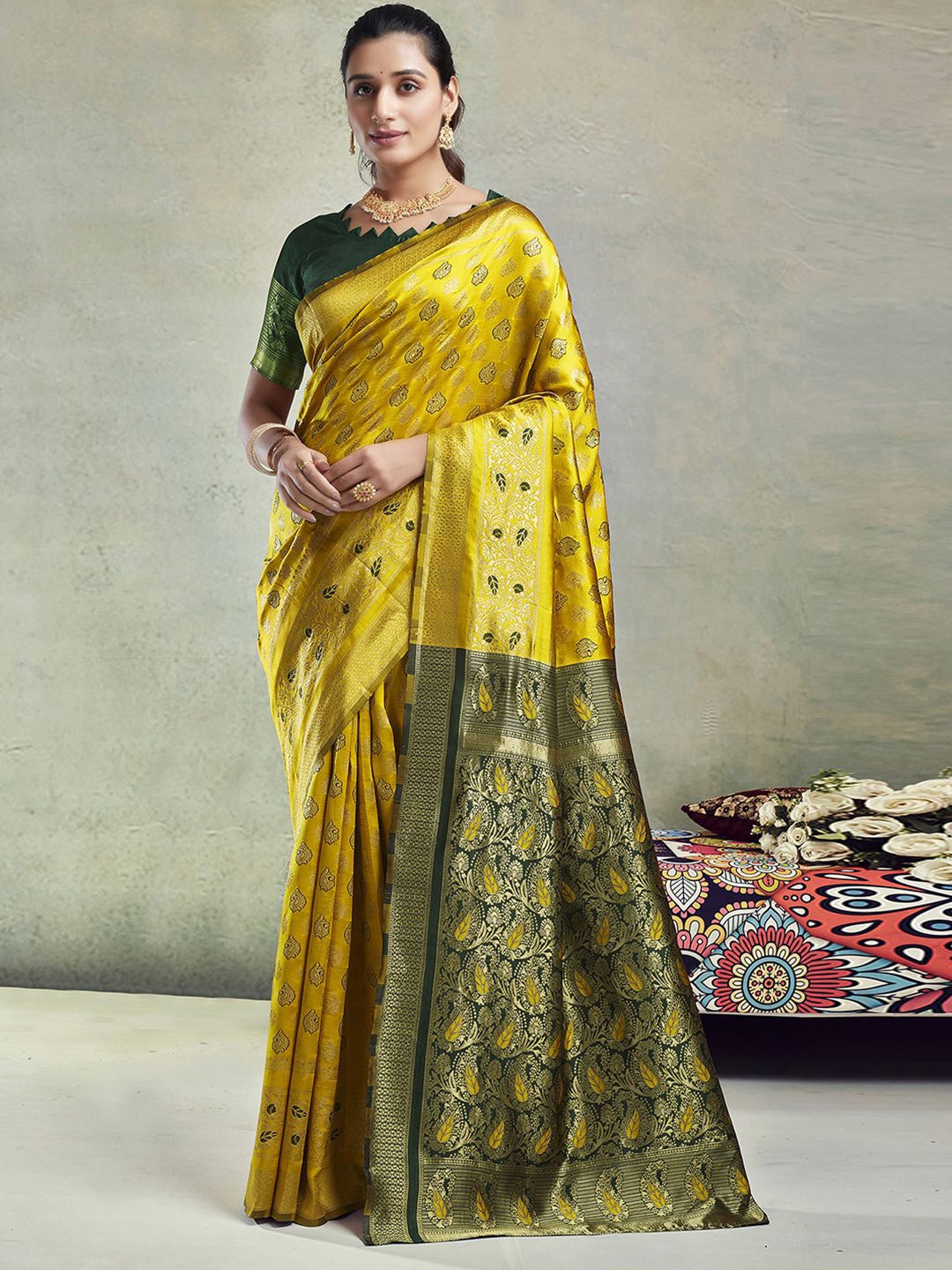 

Mitera Ethnic Motifs Woven Design Zari Jacquard Art Silk Banarasi Saree, Yellow