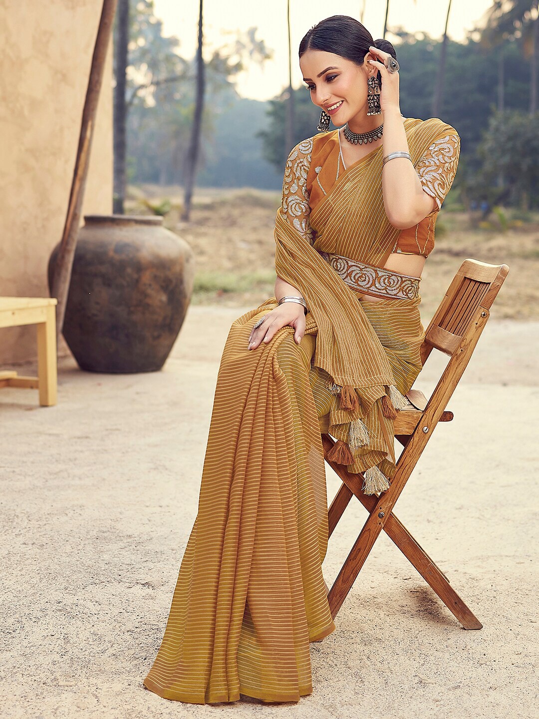 

Satrani Striped Zari Belted Leheriya Saree with Tassels, Yellow
