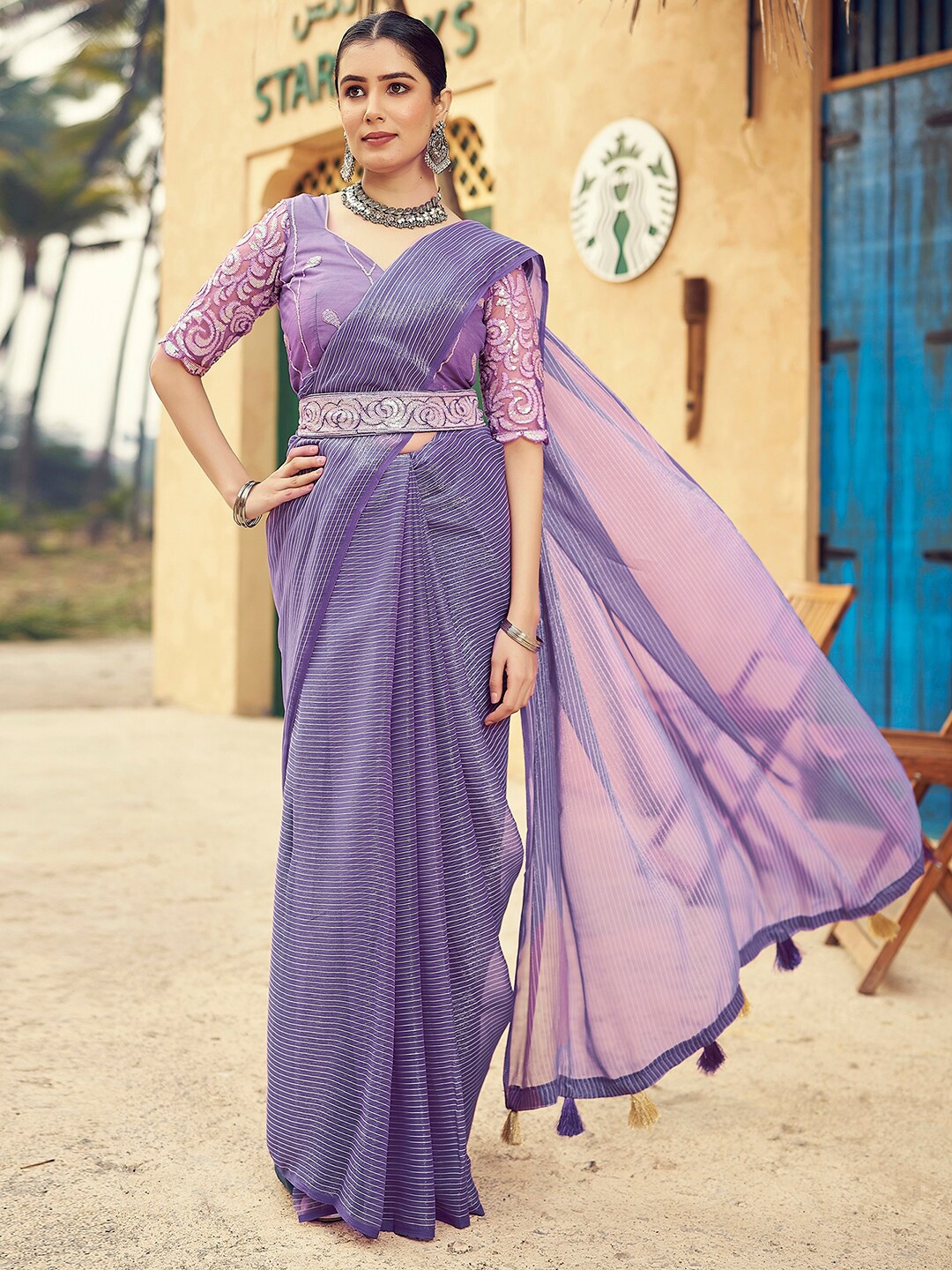 

Satrani Striped Zari Belted Leheriya Saree with Tassels, Lavender
