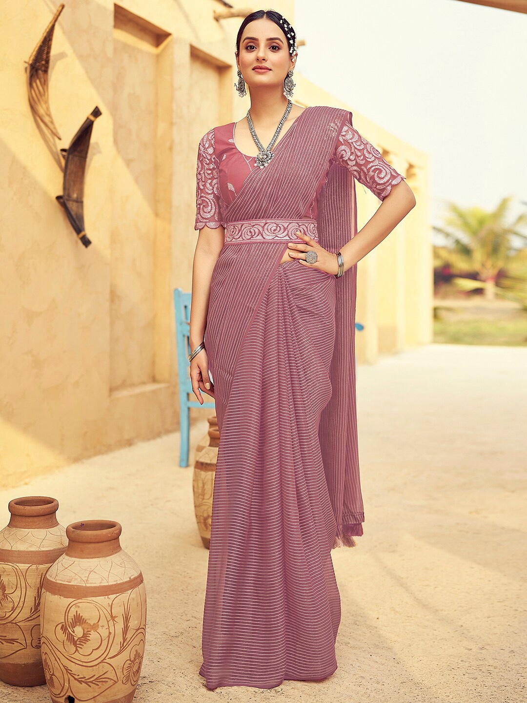 

Satrani Striped Belted Leheriya Saree with Tassels, Pink