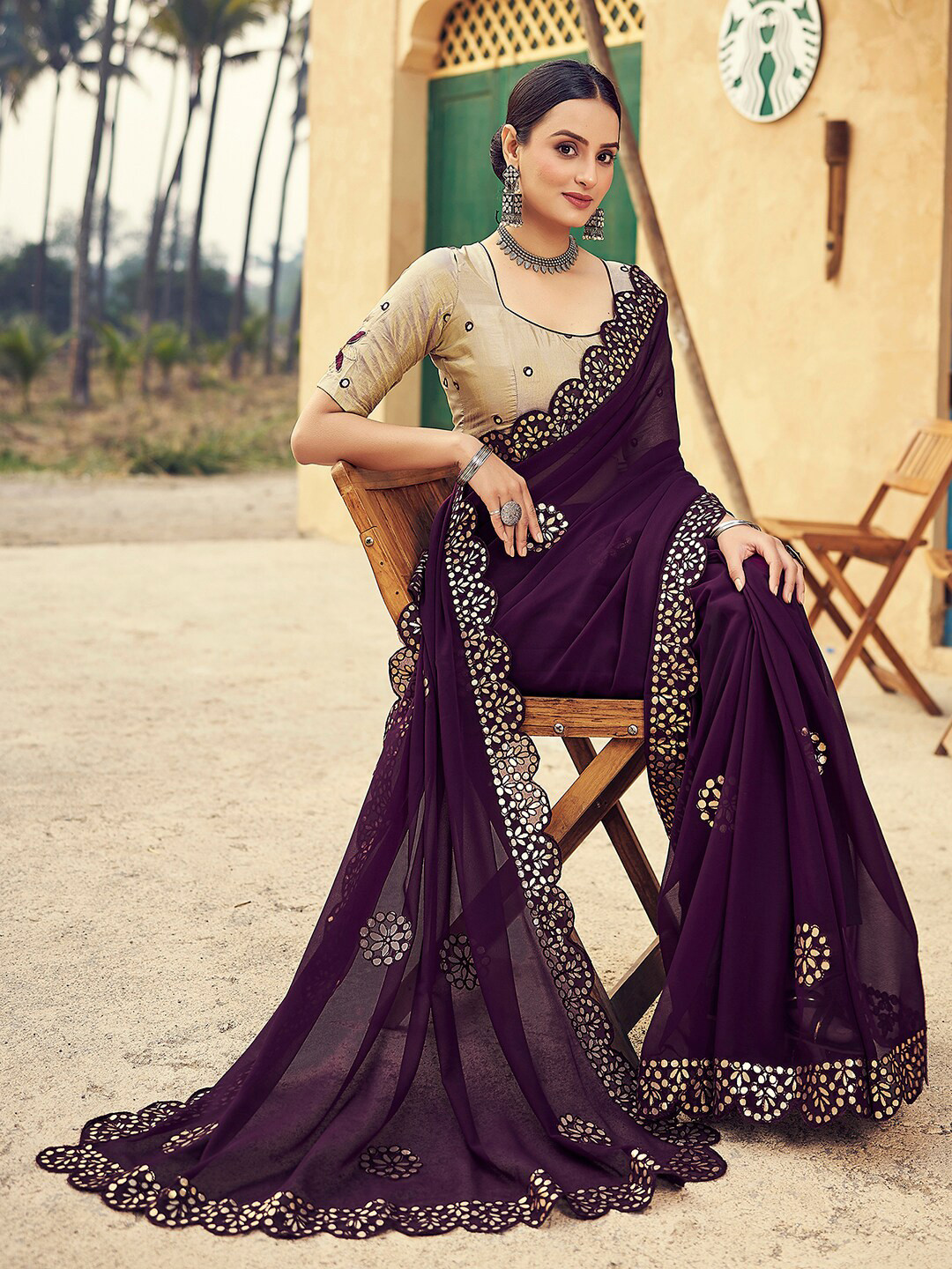 

Satrani Floral Embroidered Dabu Saree, Purple