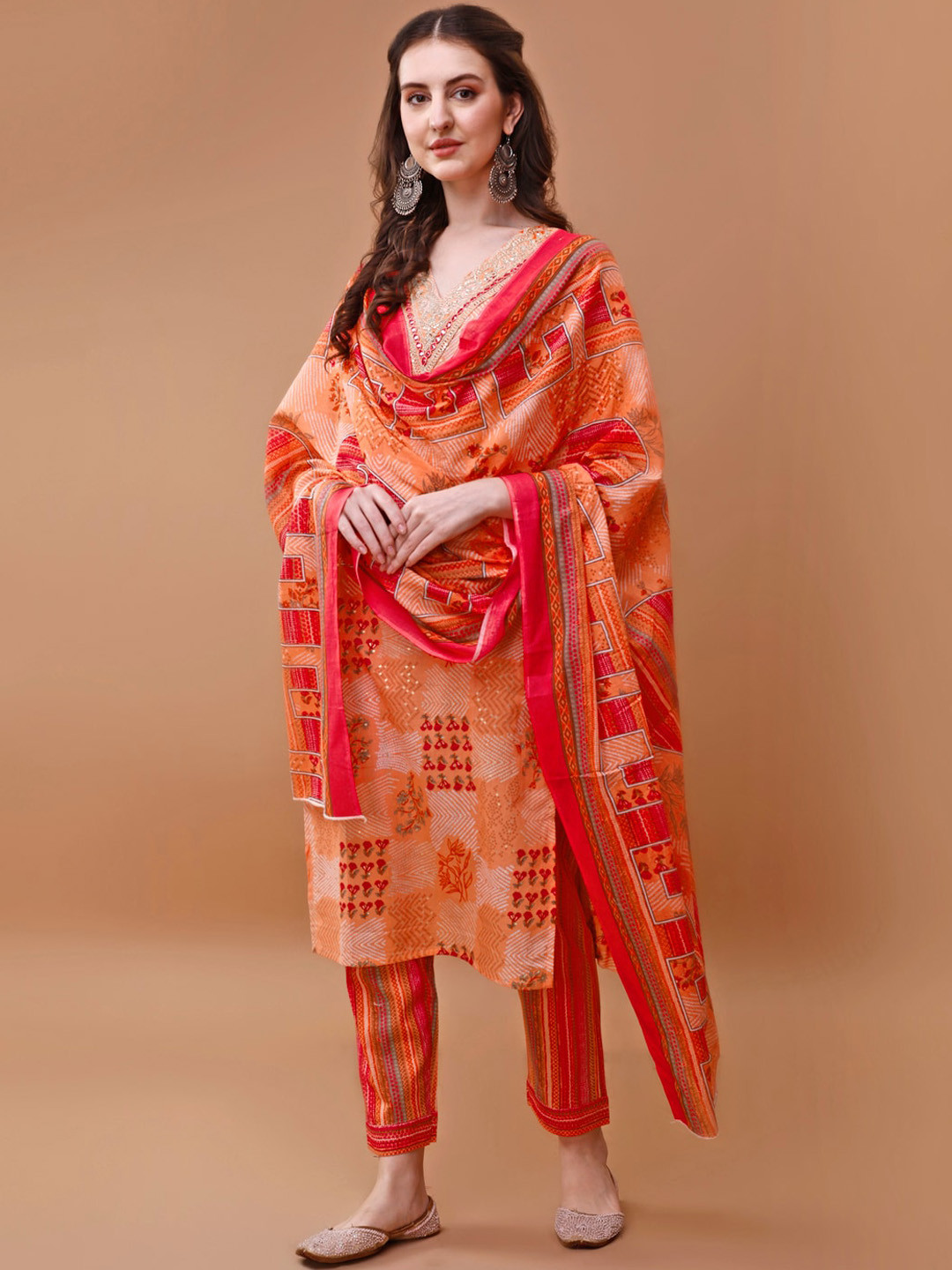

KALINI Floral Printed V-Neck Regular Sequinned Pure Cotton Kurta Set With Dupatta, Orange