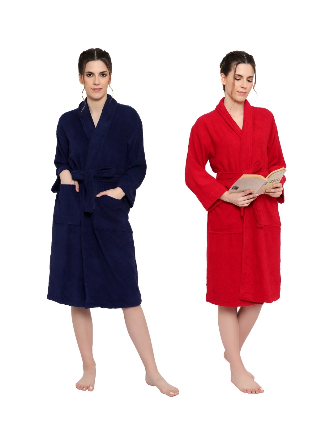 

cotton trendy Red & Blue Pack Of 2 Pure Cotton Bath Robes