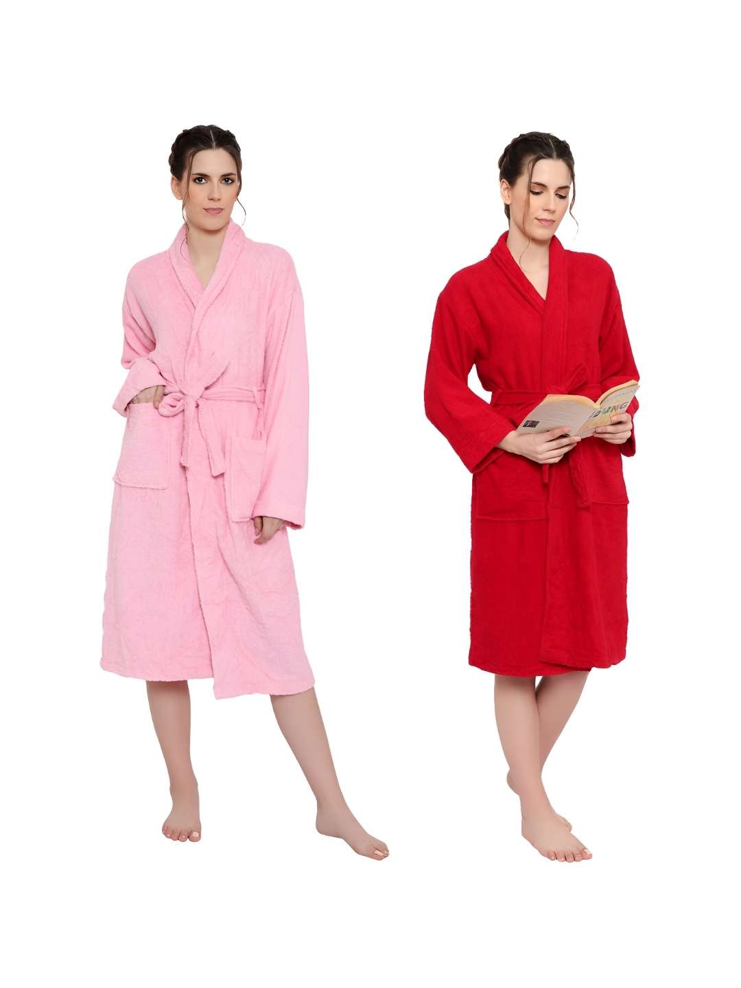 

cotton trendy Red & Pink Pack Of 2 Pure Cotton Bath Robes