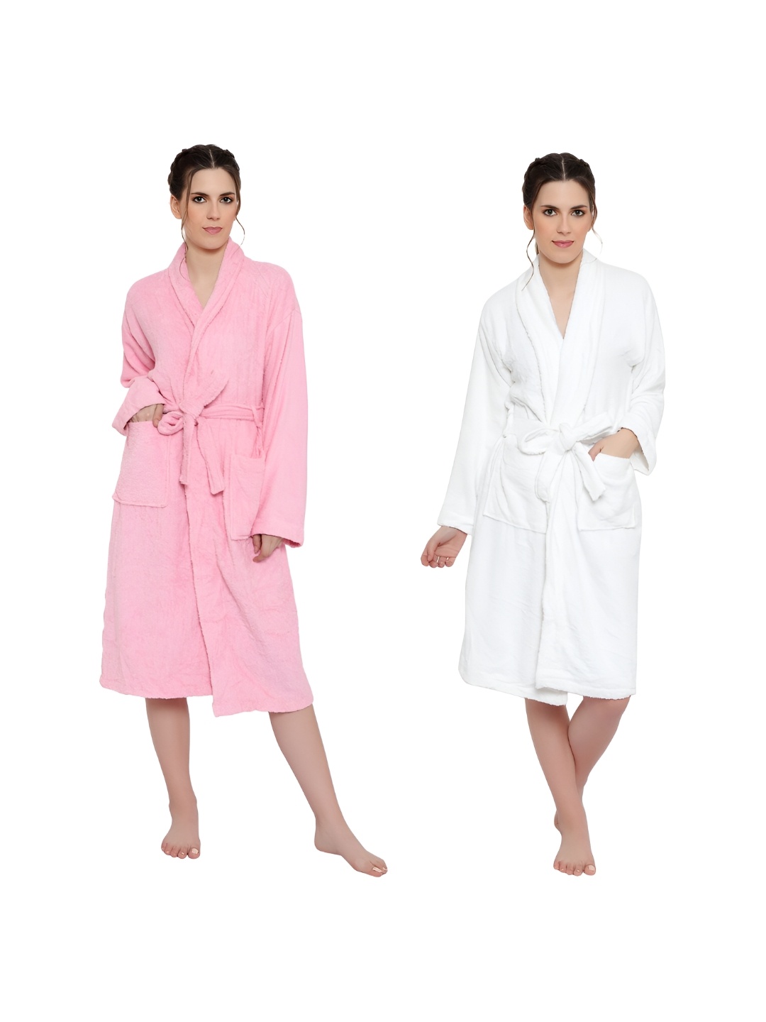 

cotton trendy Pink & White Pack Of 2 Pure Cotton Bath Robes