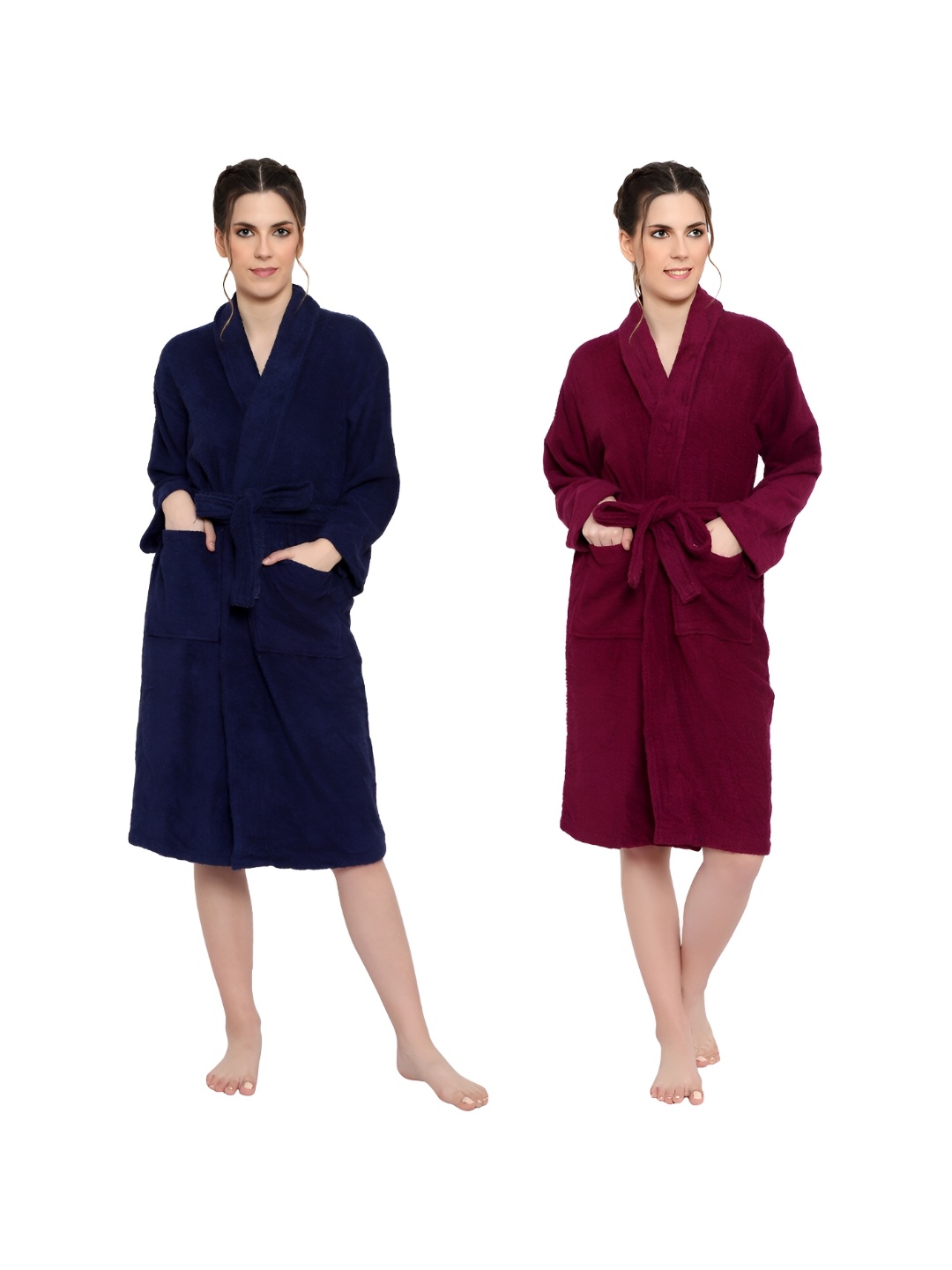 

cotton trendy Blue & Maroon Pack Of 2 Pure Cotton Bath Robes