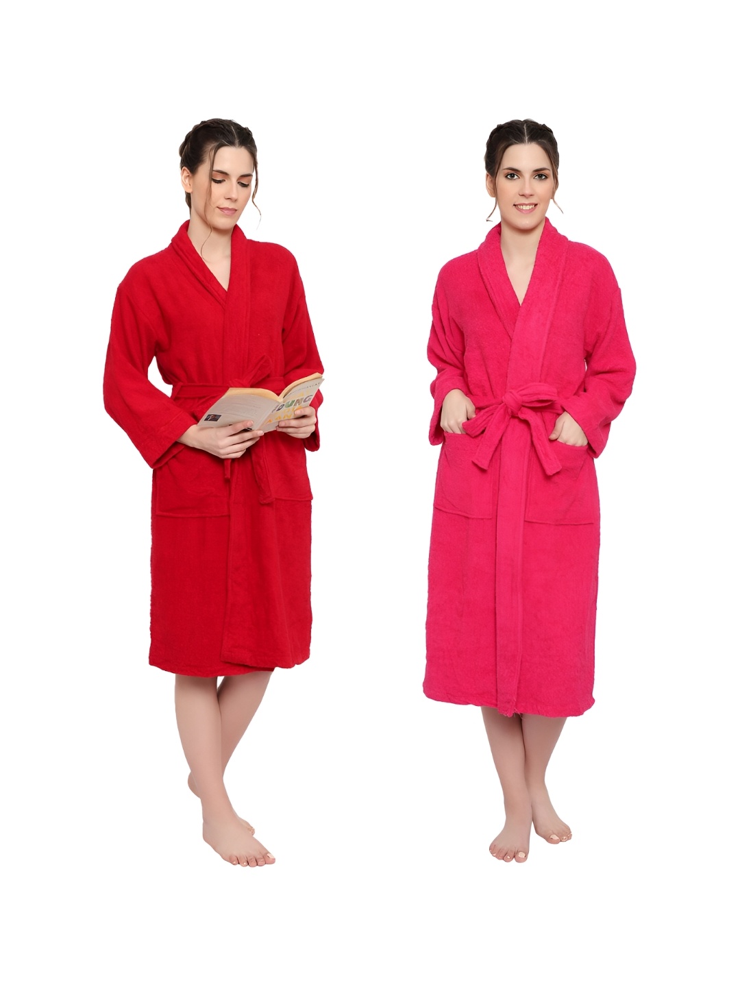 

cotton trendy Red & Pink Pack Of 2 Pure Cotton Bath Robes