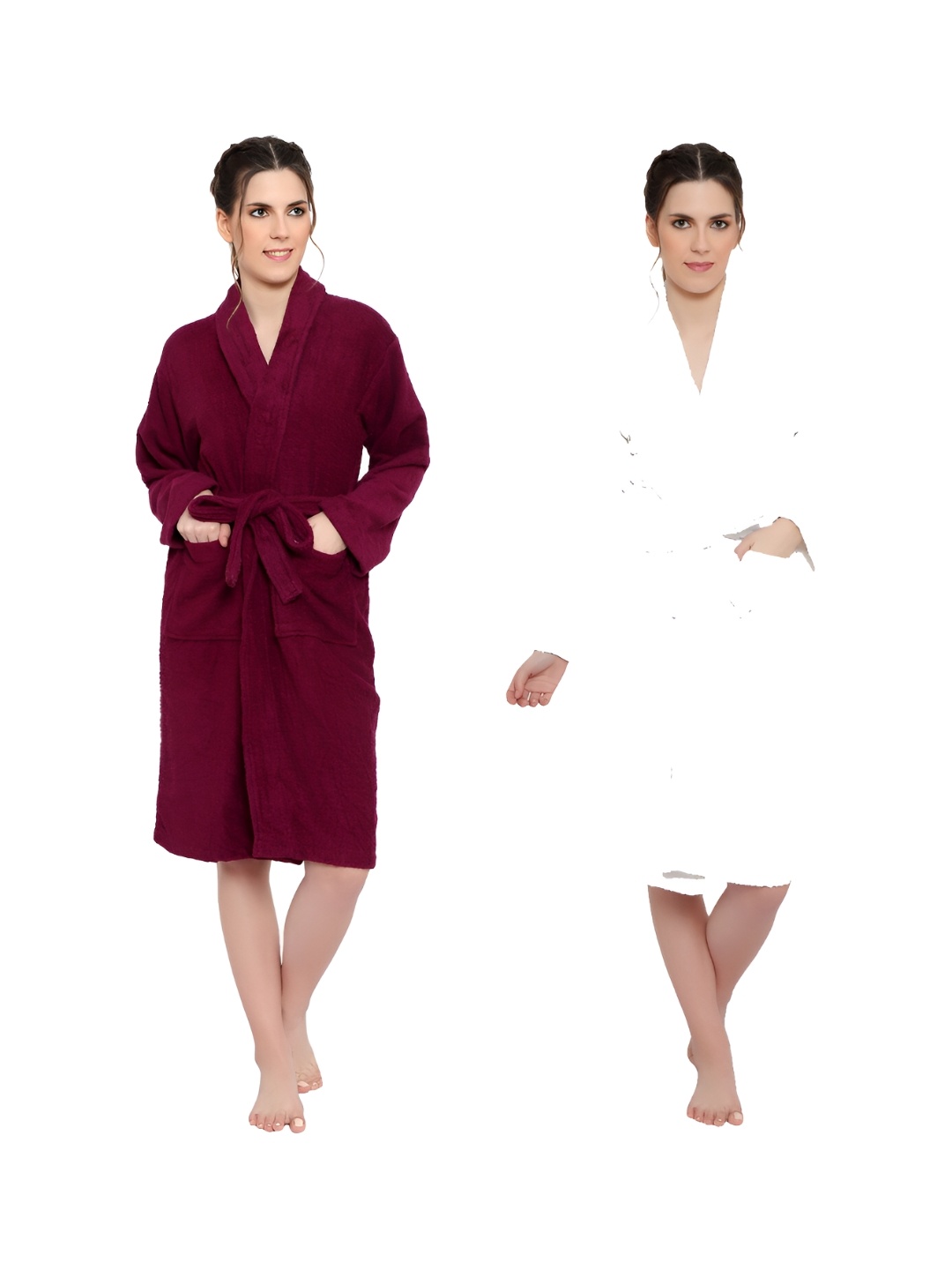 

cotton trendy White & Maroon Pack Of 2 Pure Cotton Bath Robes