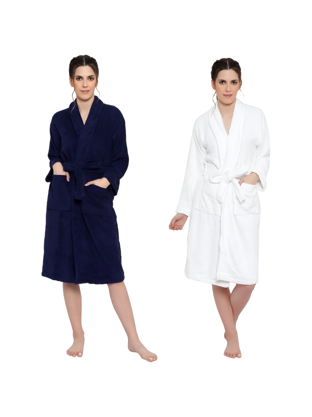 

cotton trendy Navy Blue & White Pack Of 2 Pure Cotton Bath Robes