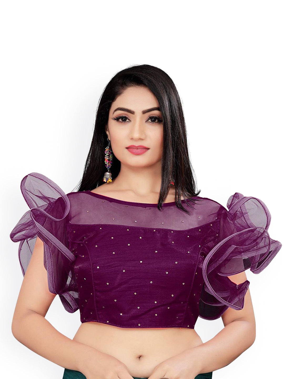 

Reeta Fashion Embellished Ruffled Beads & Stones Saree Blouse, Purple