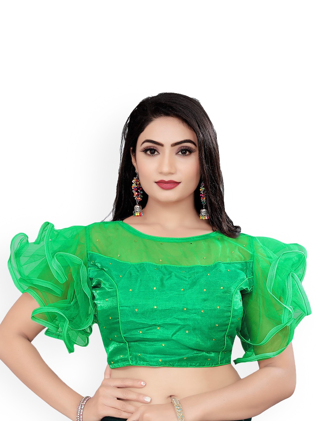 

Reeta Fashion Embellished Satin Boat Neck Saree Blouse, Green