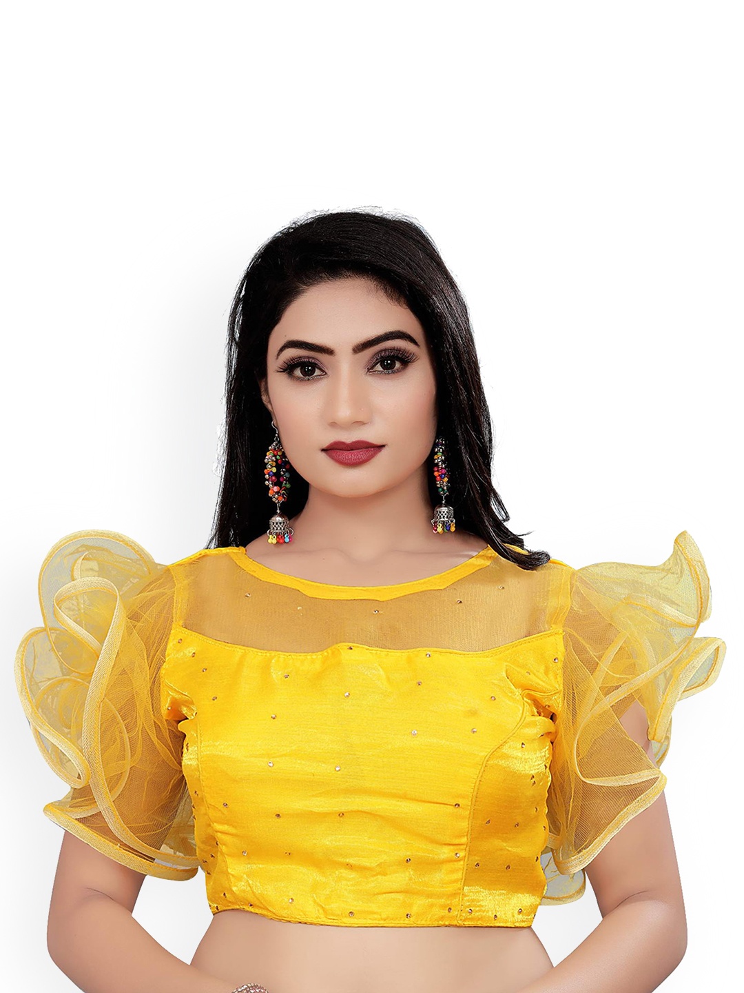 

Reeta Fashion Embellished Beads & Stones Detailed Satin Saree Blouse, Yellow