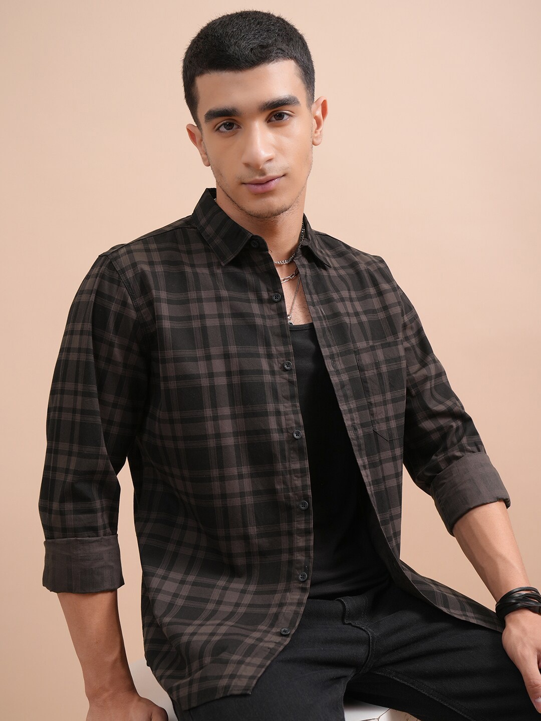 

HIGHLANDER Black Classic Slim Fit Tartan Checked Pure Cotton Casual Shirt