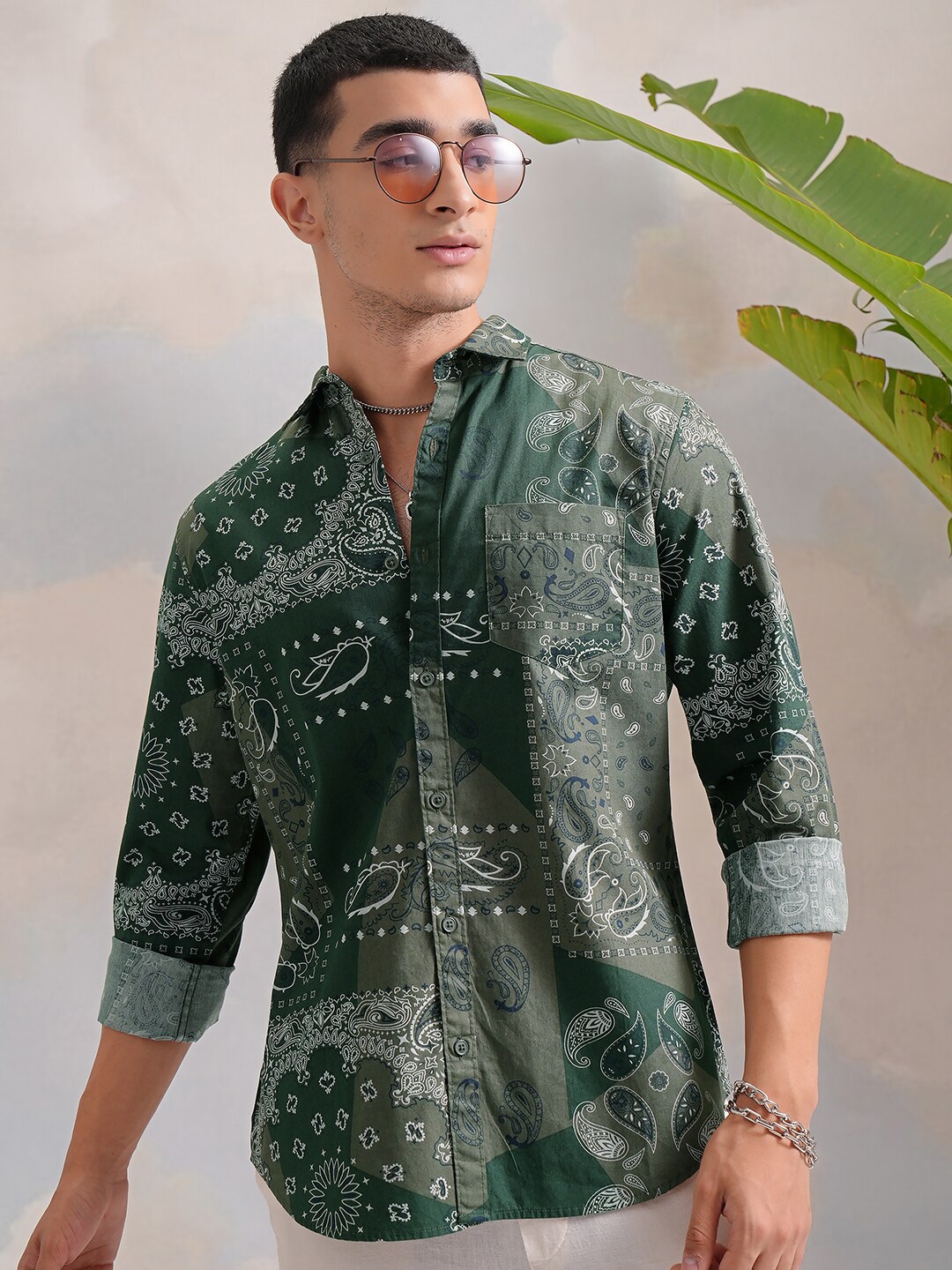 

HIGHLANDER Classic Ethnic Motifs Printed Cotton Casual Shirt, Green