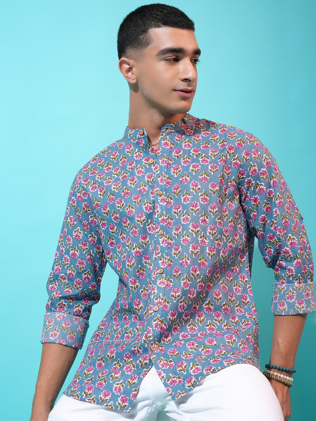 

HIGHLANDER Classic Blue Slim Fit Floral Printed Band Collar Cotton Casual Shirt