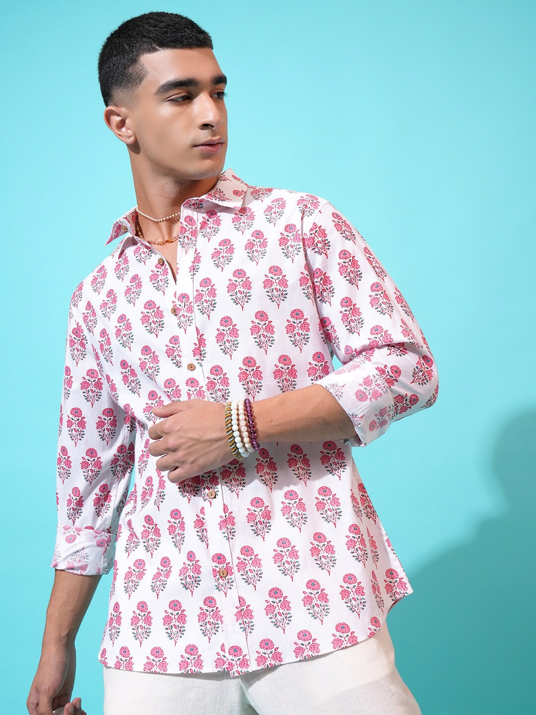 

HIGHLANDER Classic Pink Slim Fit Floral Printed Spread Collar Cotton Casual Shirt