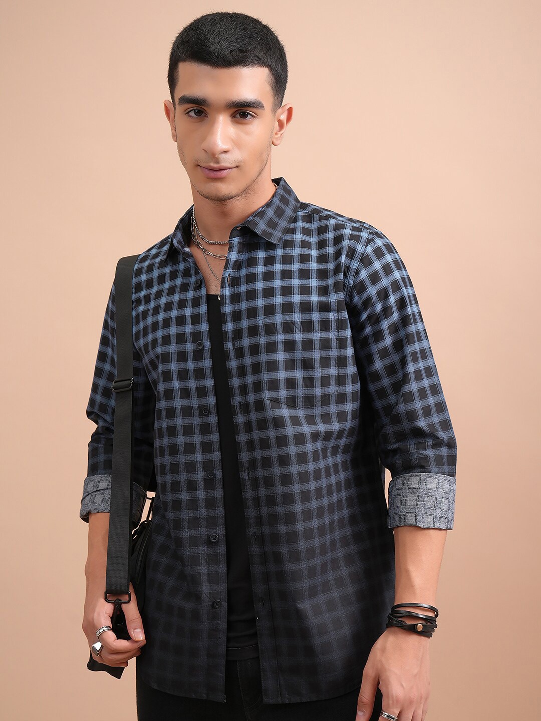 

HIGHLANDER Classic Blue Slim Fit Tartan Checked Spread Collar Cotton Casual Shirt