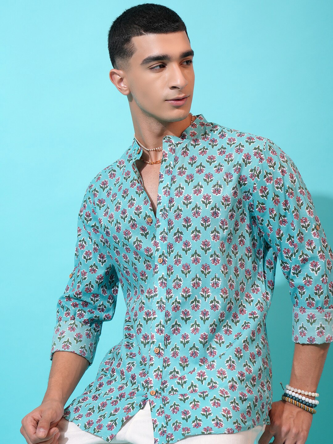 

HIGHLANDER Classic Green Slim Fit Floral Printed Band Collar Cotton Casual Shirt