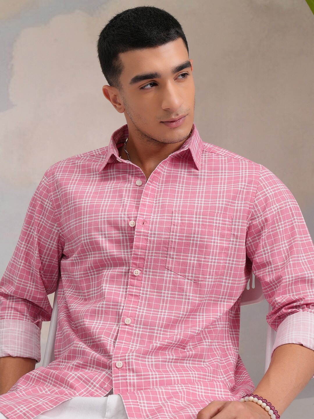 

HIGHLANDER Classic Pink Slim Fit Tartan Checked Spread Collar Cotton Casual Shirt