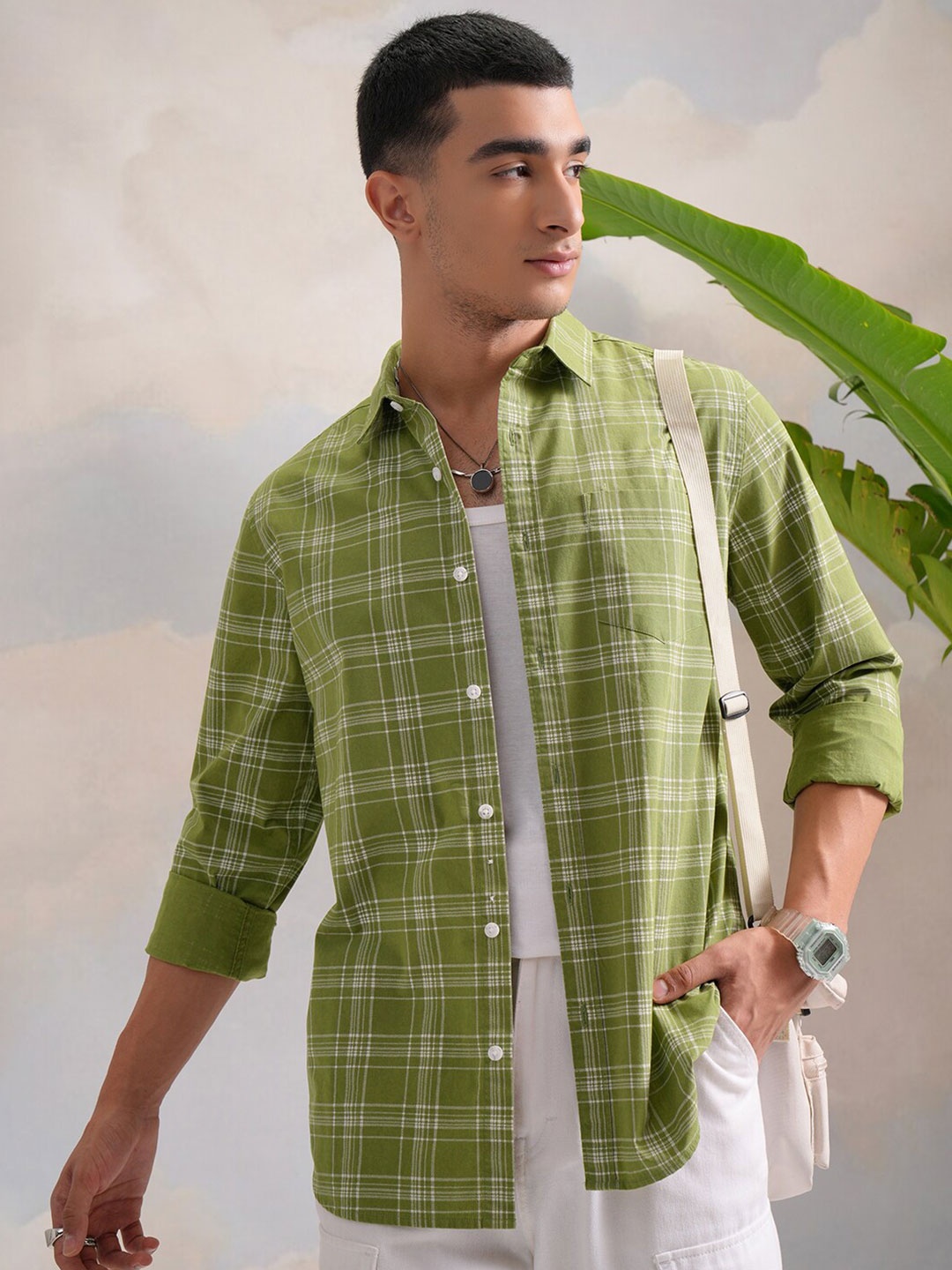 

HIGHLANDER Green Classic Slim Fit Tartan Checked Spread Collar Cotton Casual Shirt