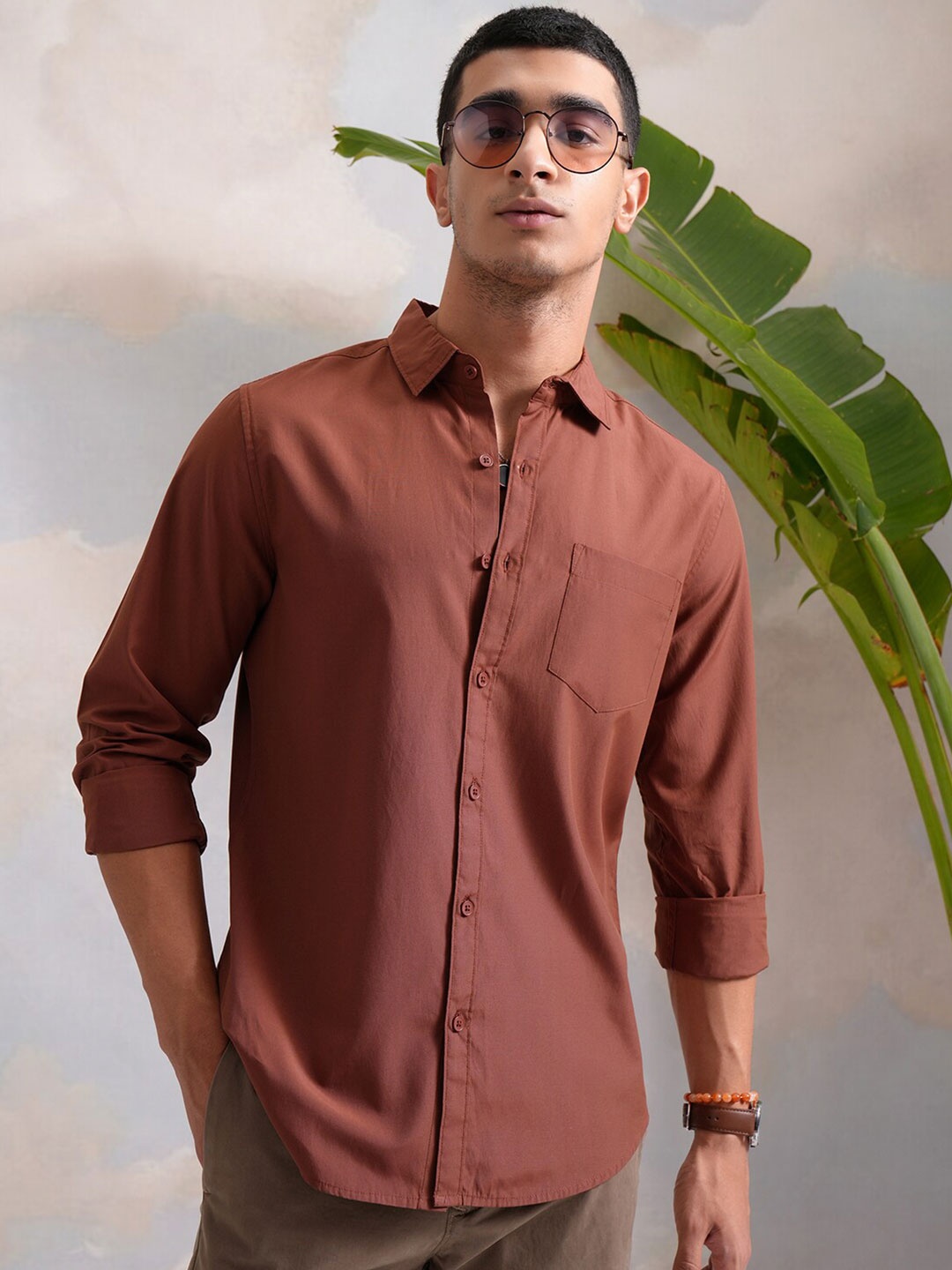 

HIGHLANDER Orange Classic Slim Fit Spread Collar Casual Shirt