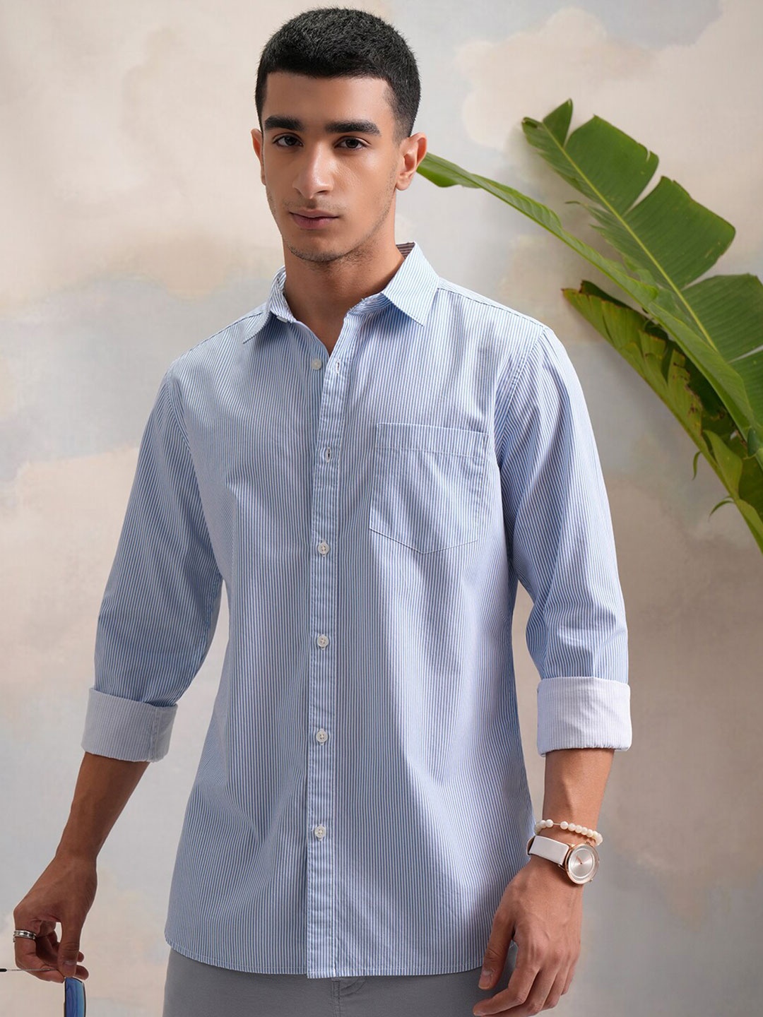 

HIGHLANDER Blue Classic Slim Fit Vertical Striped Spread Collar Cotton Casual Shirt